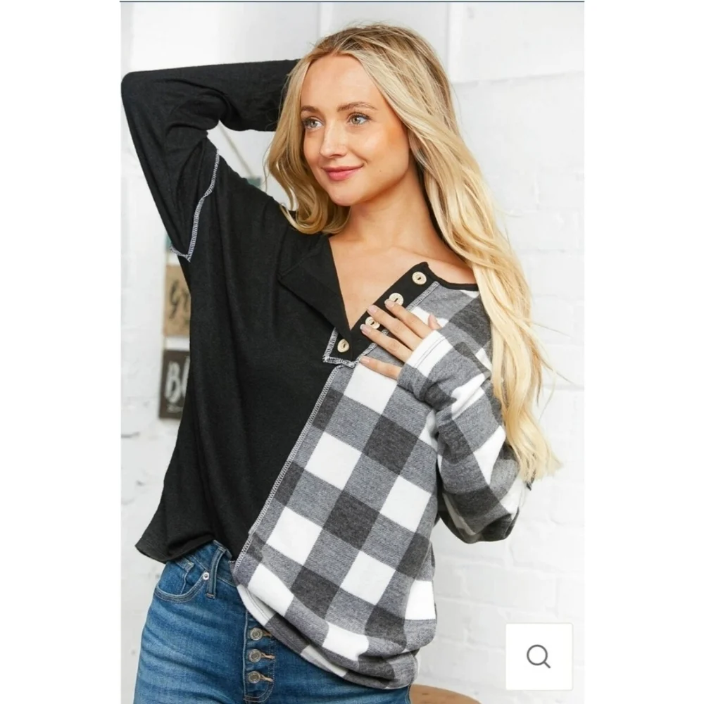 Plaid Half and Half Button Down Knit Top - Picture 4 of 9